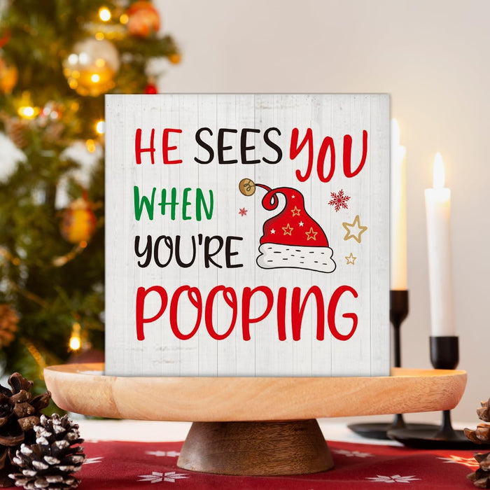 Christmas Bathroom Decorations, Funny Christmas Wood Sign Decor 5x5 Inches