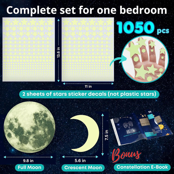 Glow in the Dark Stars for Ceiling, 1050 Pcs with Moons & E-Book (Blue)