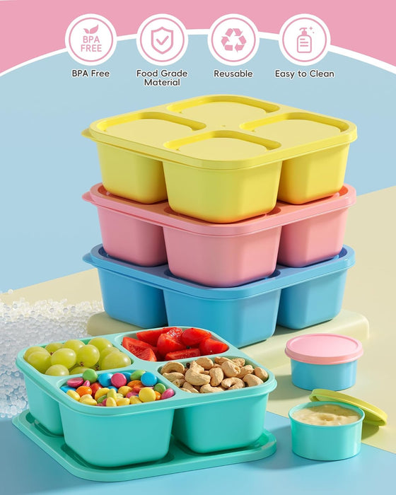 4 Pcs Snack Box Containers Set, Reusable 4 Compartment Lunchable Container with 2Pcs Sauce Containers, Stackable BPA-Fre