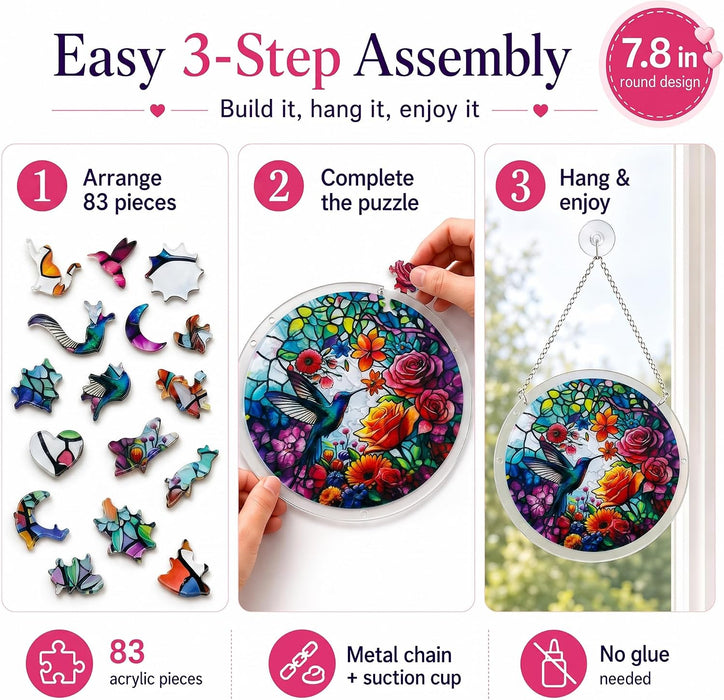 Acrylic Jigsaw Puzzle Suncatcher, Stained Glass Window Hanging DIY Puzzle for Adults, Unique Mother's Day Birthday Gift for Women Mom Decor Lovers