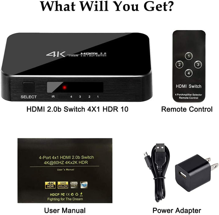 HDMI Switch 4X1, 4K Ultra HD HDMI Switcher 4 in 1 Out Support HDMI 2.0 HDCP 2.2,4K@60Hz, 3D,1080P, 4Kx2k@60Hz (IR Remote Control)