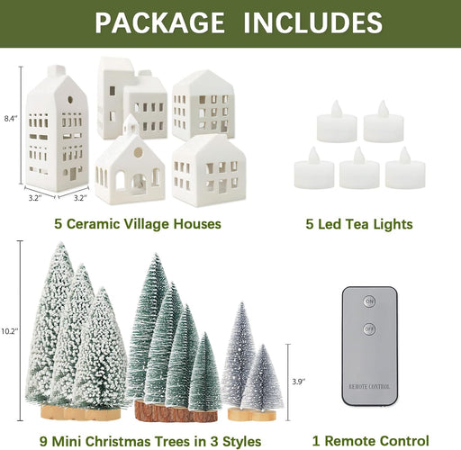 Christmas Decorations - Village Sets of 5 Lighted Ceramic Houses & 9 Trees