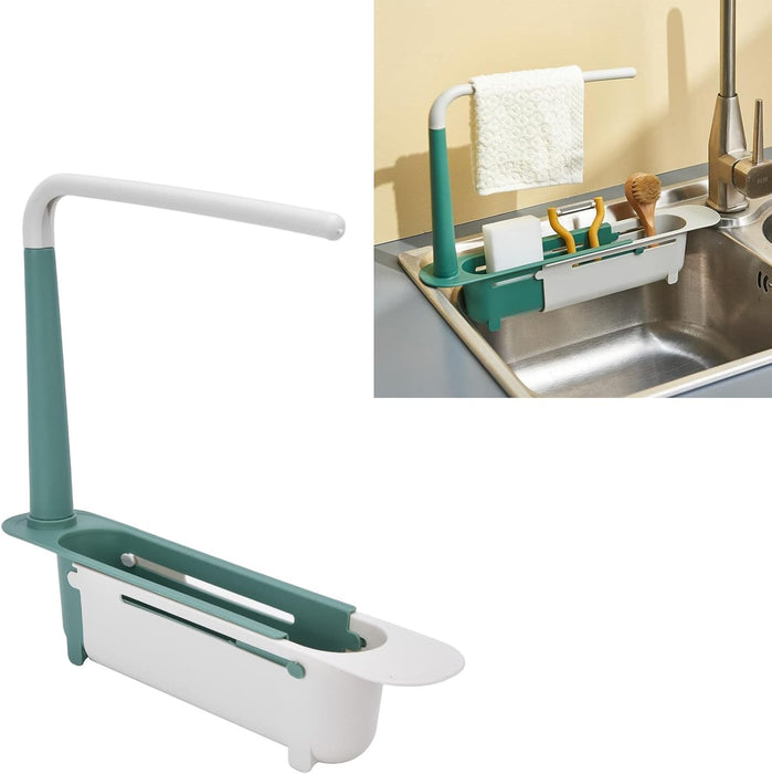 Telescopic Sink Storage Rack Holder, Adjustable Large Capacity Sink Storage Rack, PP Length Freely Drain Rack, Expandable Sink Organizer for Home Kitchen Sink, Easy Installation(Green)
