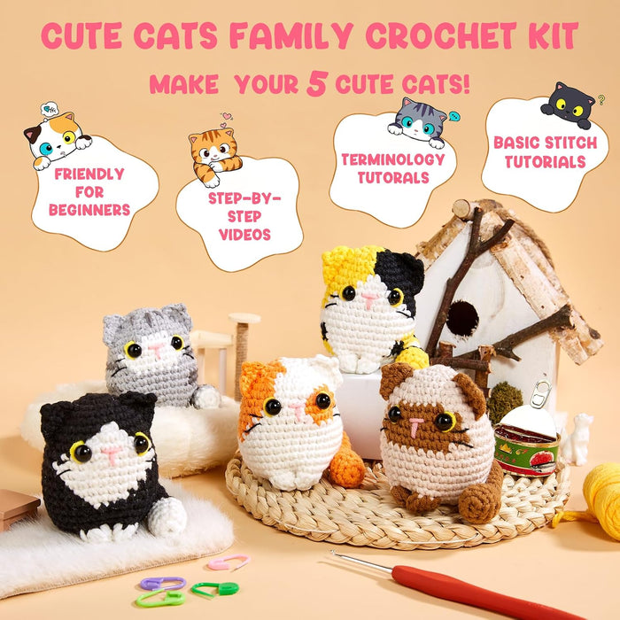 Crochet Kit for Beginners, 5 Cat Crochet Amigurumi Craft Kit