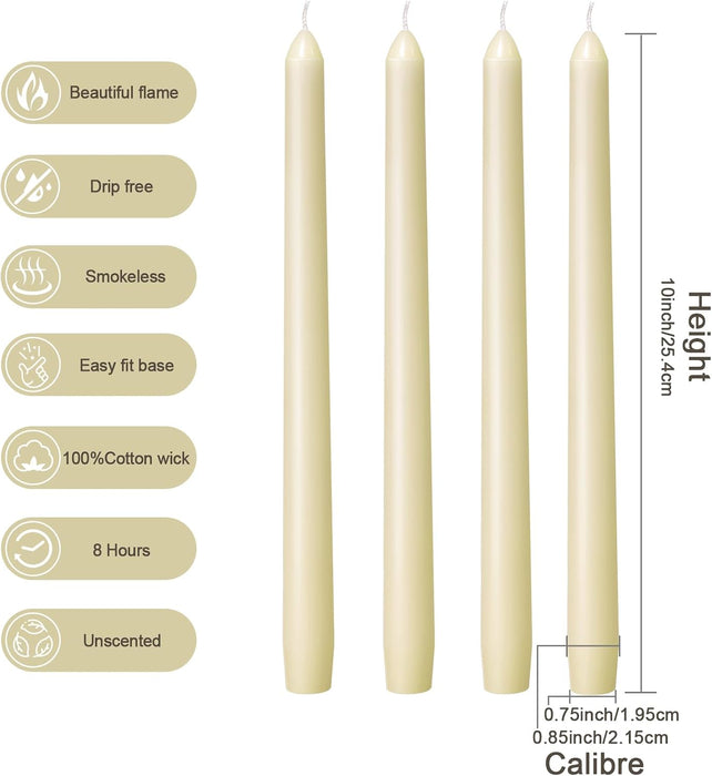 Ivory Taper Candles - 4 Pack 10 Inch Candlesticks - Dripless & Smokeless Tapered Candle 8 Hours Unscented Cream Candle S