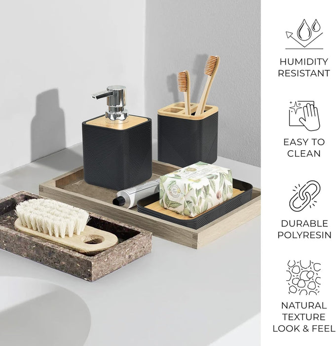 Bamboo Bathroom Accessories Set 6 Piece Square Spiral Set,Black