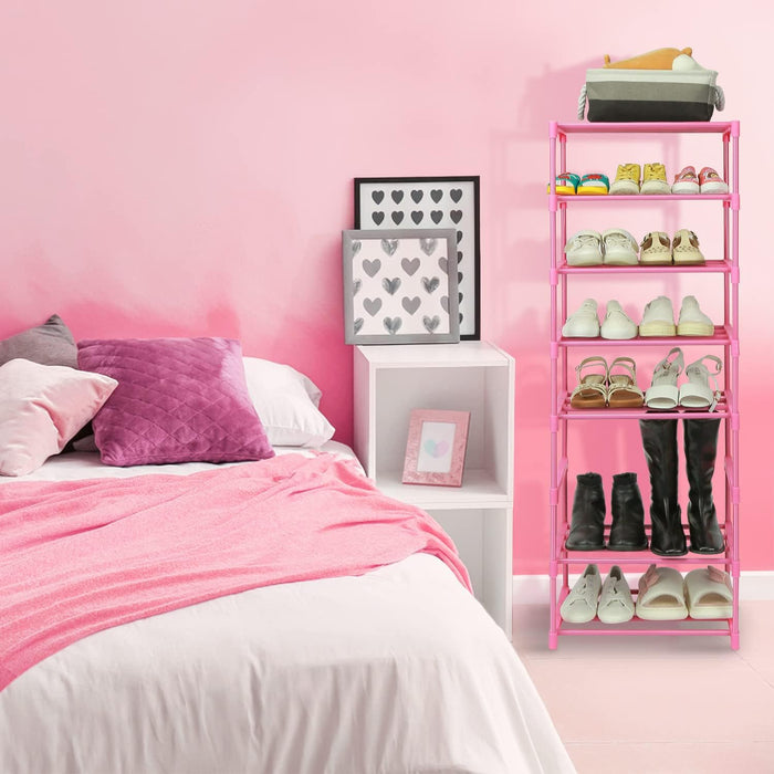 4-Tier Free Standing Pink Shoe Racks, Lightweight Stackable Shelf