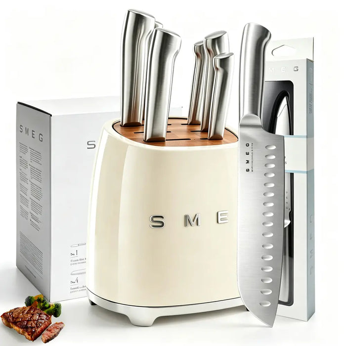 7-Piece Stainless Steel Knives Kitchen Set with Block - Retro 50S Aesthetic Countertop Set, 67-Layer Construction, Olive Design, Includes Chef, Bread, Santoku Knives, Multifunctional, Safe for Home Kitchen Use