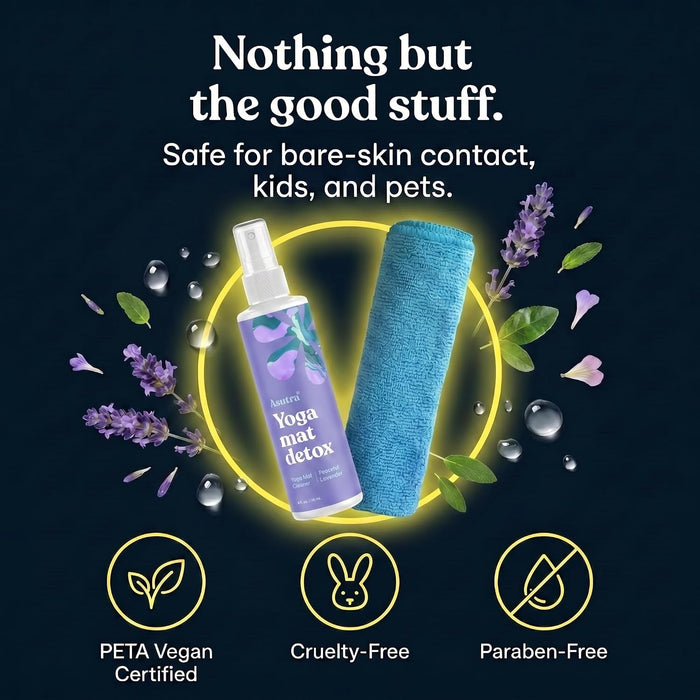 Yoga Mat Cleaner Spray (Peaceful Lavender), 4 fl oz - No Slippery Residue, Organic Essential Oils, Deep-Cleansing for Fi