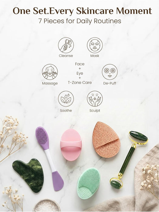 Gua Sha and Face Roller Set: Face Skin Care Tools with Facial Cleansing Brush, 2 Silicone Scrubber Pads & Face Sponge, T