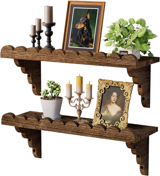 Scalloped Wood Wall Shelf – 17 Inch Floating Shelf with Wood Brackets, Easy to Install Rustic Wall Shelf for Living Room