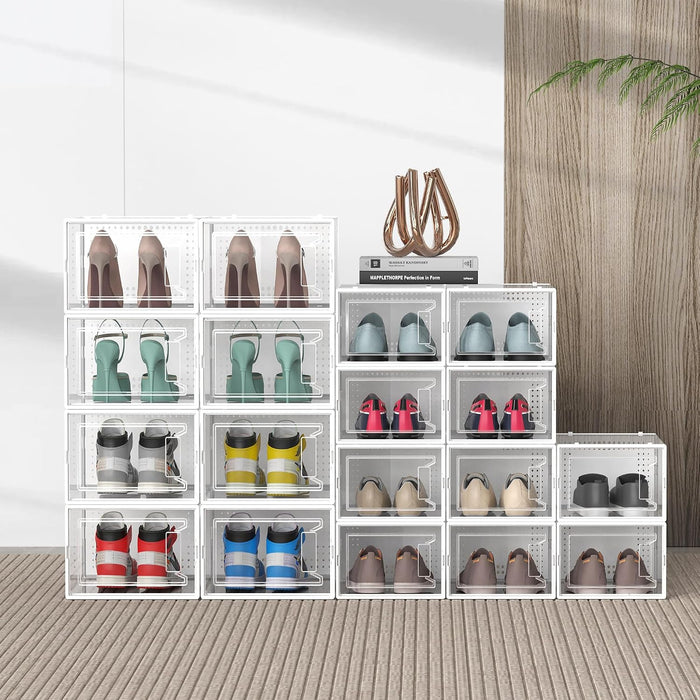 12 Pack Large Stackable Clear Plastic Shoe Storage Boxes Organizer, White