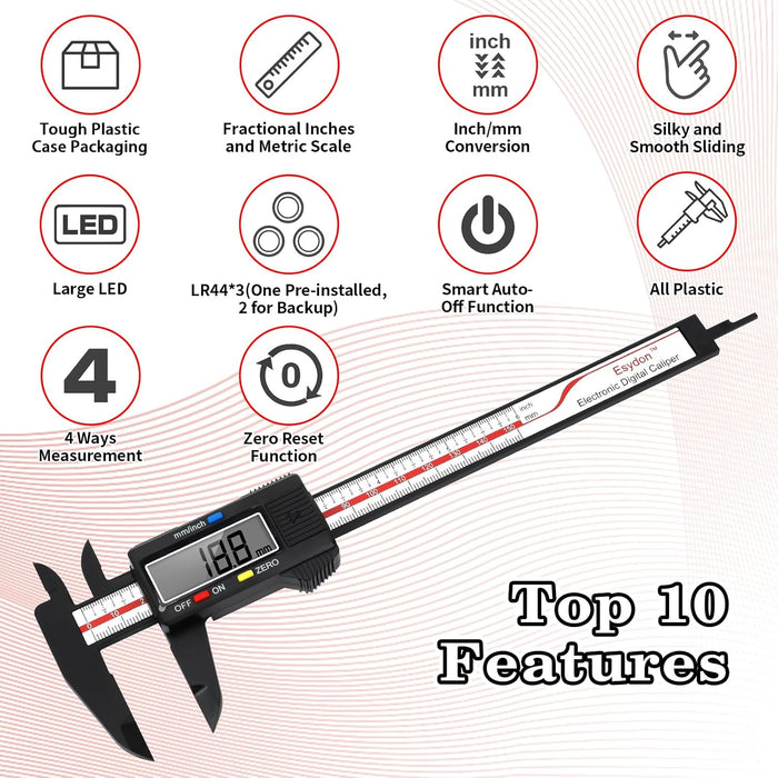 Digital Caliper, Upgraded Calipers 6 inch, Measuring Tool, Electronic Ruler, with Large LCD Screen, Auto-Off Feature, In