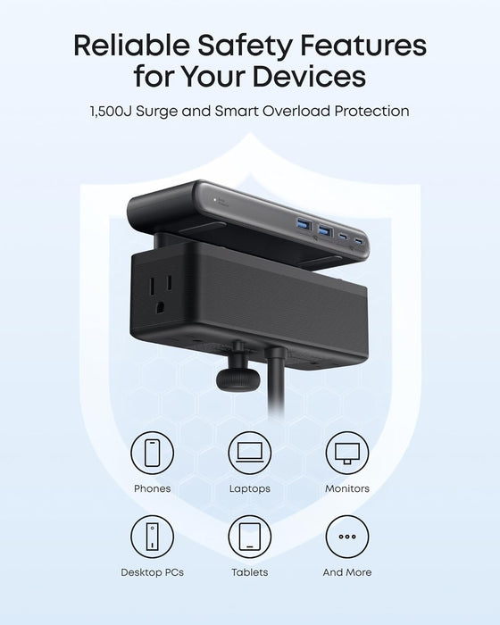 Nano Power Strip, Desk Clamp, 70W Max, 1500J Surge Protector, 2 USB C