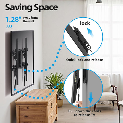 UL Listed Fixed TV Wall Mount for 37-86 Inch Screens, Low Profile TV Mount Fits 16", 18", 24" Studs, Wall Mount Bracket with Quick Release Lock, Max VESA 600x400mm, Holds up to 132 lbs by