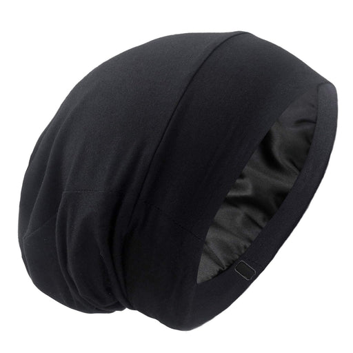 Silk Satin Lined Bonnet Sleep Cap - Adjustable Stay on All Night Hair Wrap Cover Slouchy Beanie for Curly Protection Women and Men Solid Black