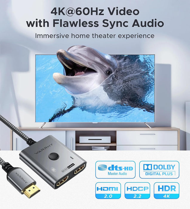HDMI Switch 2 in 1 Out 4K@60Hz, [with 3.3ft Fixed Braided HDMI Cable, Aluminum Case, 2K@144Hz, HDCP 2.2] Bidirectional 2x1 Switcher Splitter Compatible for PS5/4, Xbox, Roku, FireStick, Switch