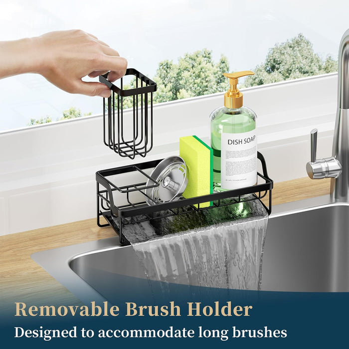 Sponge Holder for Kitchen Sink - Sink Caddy with Stainless Steel Self Drain Tray, Sink Organizer with High Brush Holder 