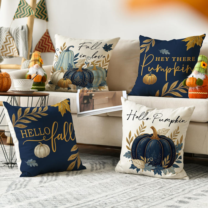 Fall Hello Pumpkin Blue Pillow Covers 18x18 Inch Set of 4