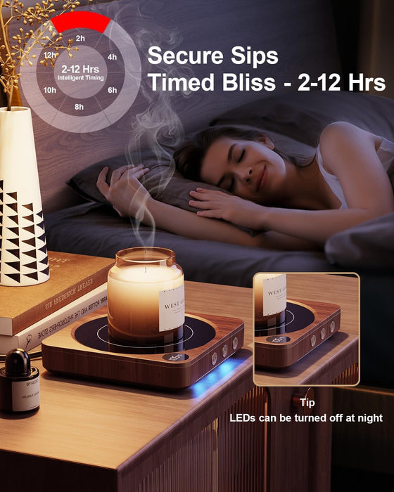 Coffee Mug Warmer for Desk, Candle Warmer Plate, 12H Timer, Wood