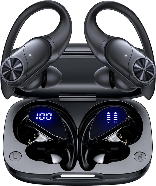 Bluetooth Headphones Wireless Earbuds 80hrs Playtime Wireless Charging Case Digital Display Sports Ear Buds with Earhook Deep Bass IPX7 Waterproof Over-Ear Earphones for TV Phone Laptop Black