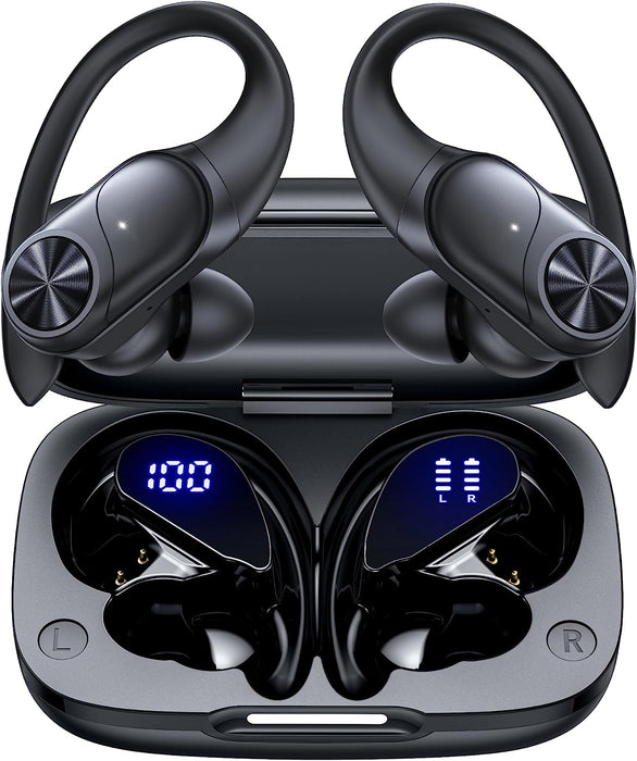 Bluetooth Headphones Wireless Earbuds 80hrs Playtime Wireless Charging Case Digital Display Sports Ear Buds with Earhook Deep Bass IPX7 Waterproof Over-Ear Earphones for TV Phone Laptop Black