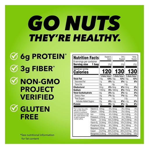 No Shells, 3 Flavors Mixed Variety Pack of 9 (0.75 Ounce), Roasted & Salted Nuts (4), Chili (3), Honey (2), Protein Snacks, Gluten Free, Healthy Snacks Variety Pack for Adults