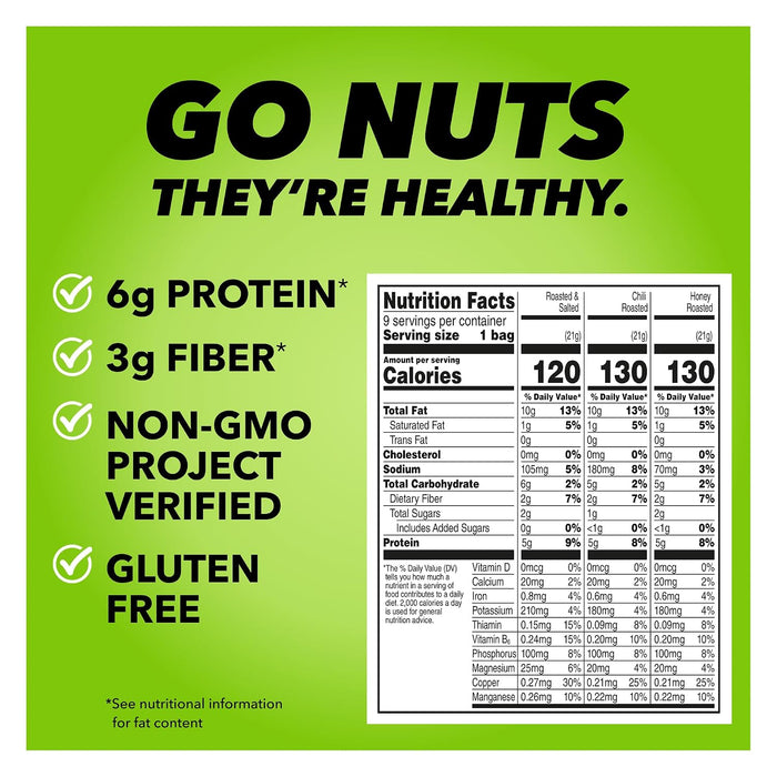 No Shells, 3 Flavors Mixed Variety Pack of 9 (0.75 Ounce), Roasted & Salted Nuts (4), Chili (3), Honey (2), Protein Snacks, Gluten Free, Healthy Snacks Variety Pack for Adults