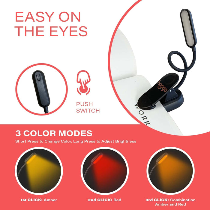 Amber Book Light – Blue Light Blocking Reading Light for Bed, Stepless Dimming, Rechargeable Clip-On Night Light, 1600K 