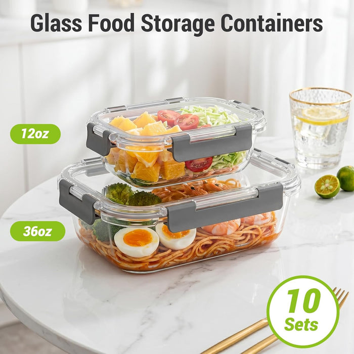 10 Sets 36 oz & 12 oz Glass Food Storage Containers with lids, Gray