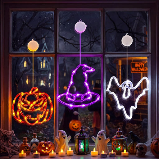 3 Pack Halloween Windows Lights - Pumpkin, Ghost, Hat with Timer