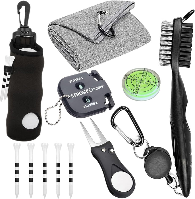 11 Pcs Golf Accessories Kit, Include Golf Ball Bag with Hook Tees Towel Cleaner Brush Ball Marker Divot Tool Score Count
