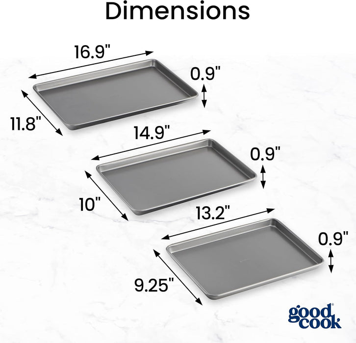 Everyday Nonstick Baking Sheet Set, 3 Pack Includes Small (13×9) Medium (15×1) and Large (17×11) Pans Carbon Steel Const