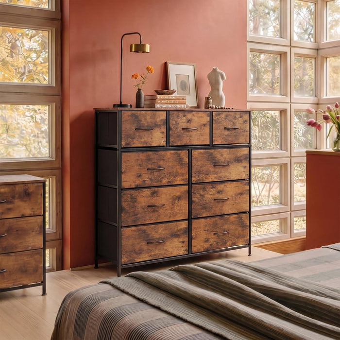 Tall Dresser for Bedroom, 9 Drawer Chest of Drawers, Rustic Brown