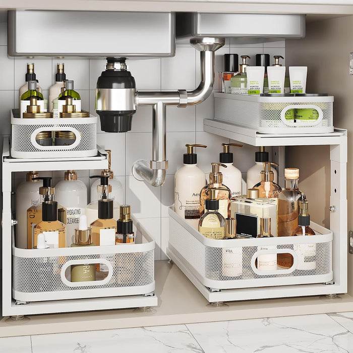 2 Pack Under Sink Organizer With Next-Gen Ball-Bearing Slides,2-Tier Precision Mesh Pull Out Cabinet Drawers Storage for