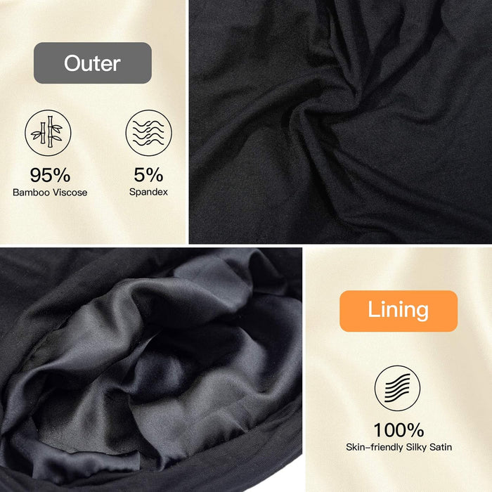 Silk Satin Lined Bonnet Sleep Cap - Adjustable Stay on All Night Hair Wrap Cover Slouchy Beanie for Curly Protection Women and Men Solid Black