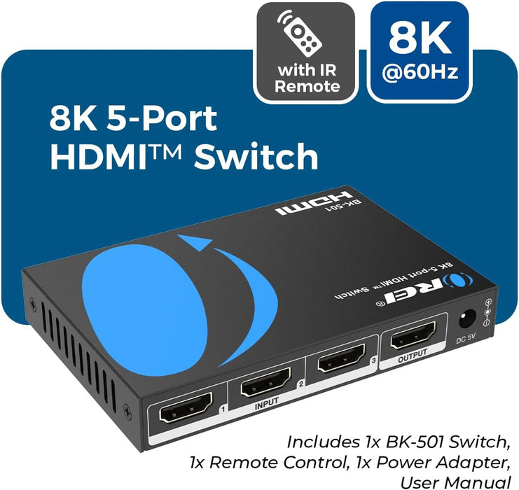 8K@60Hz 4K@120Hz HDMI 2.1 Switch 5 in 1 Out 48Gbps, HDR10+ W/Remote