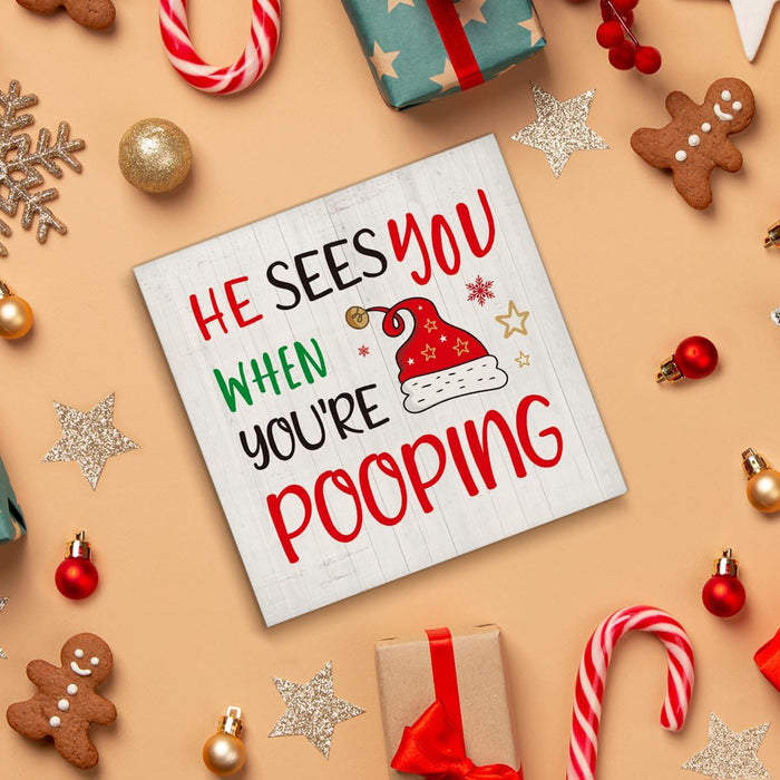 Christmas Bathroom Decorations, Funny Christmas Wood Sign Decor 5x5 Inches