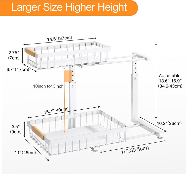 Under Sink Organizer, Adjustable Height, 2 Tier Pull Out Under Cabinet Organizer, Slide Out Thickened Metal Under Sink Storage for Kitchen Bathroom Laundry Pantry Cabinet, White, Large-2-Pack
