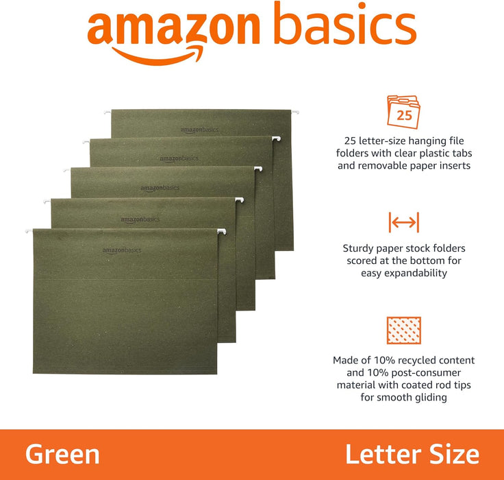 Hanging File Folders with Adjustable Tabs, Sturdy Expandable Document Organizer, Letter Size 8.5x11 inch, Green, 25-Pack