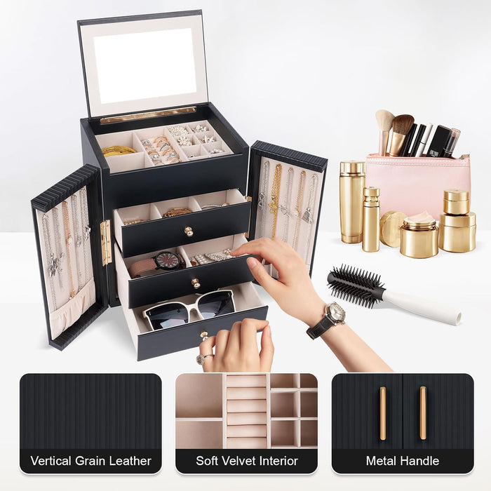 Large Jewelry Box for Women, Jewelry Organizer Box with 3 Drawers, Jewelry Storage Organizer with Mirror for Necklace Ri