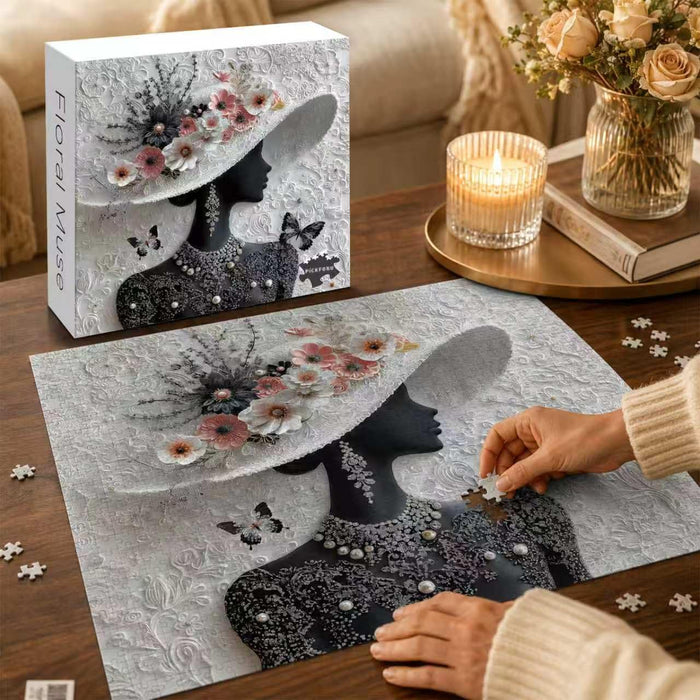 Impossible Puzzles for Adults 1000 Pieces, Floral Muse Puzzle Elegant Lady,Beauty Flower Woman Puzzle Black and White Pearl,Hard Challenge Jigsaw Puzzles Aesthetic