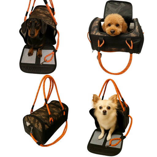 Camouflage mesh pet carrier with orange straps and included leash