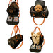 Camouflage mesh pet carrier with orange straps and included leash