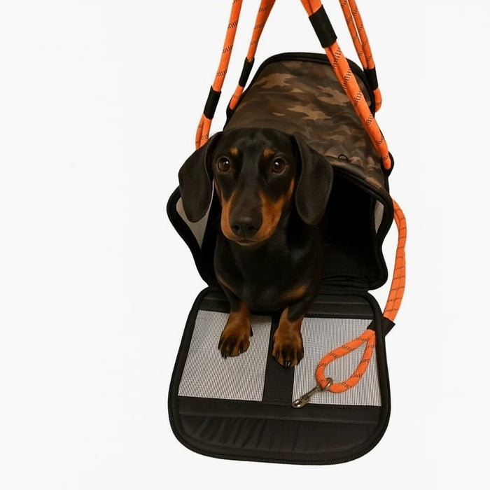 Large camouflage pet carrier with detachable orange leash