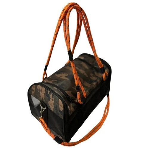 Camouflage pet carrier with ventilated mesh panels and orange handles