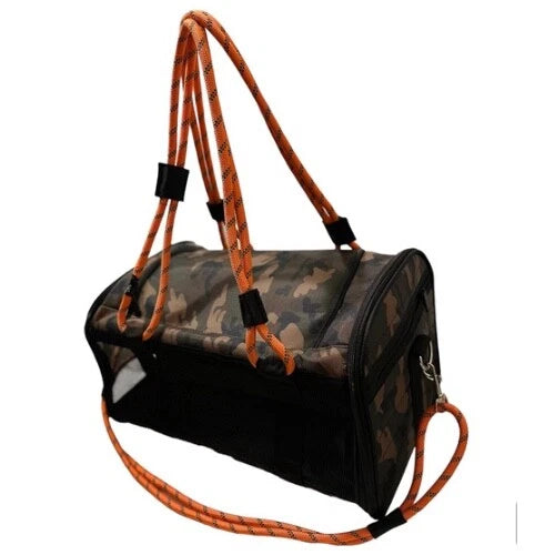 Camouflage pet travel carrier with side pockets and mesh front