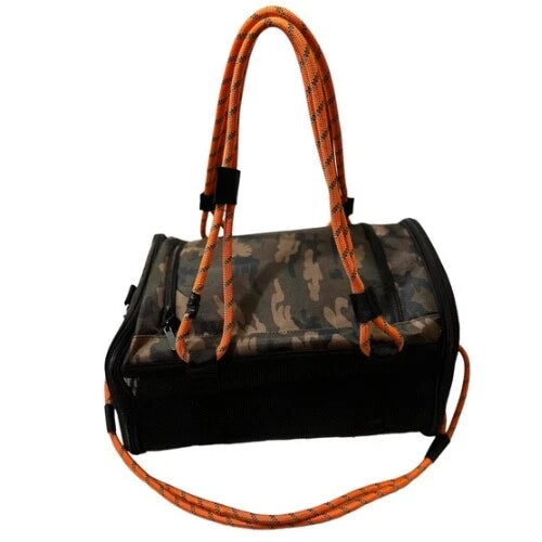 Camouflage pet carrier with adjustable straps and side storage