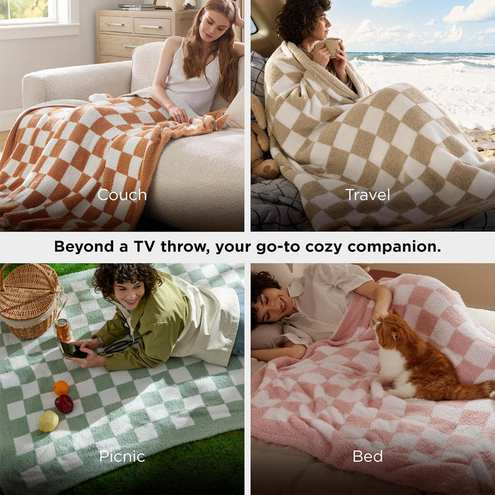 Beige Fall Throw Blanket for Couch, Cozy Soft Checkered Blanket, Lightweight Warm Knit Fluffy Throw Blankets for Bed Sofa, Camping, Picnic, Travel, Gifts for Women Men, 50x60 Inches