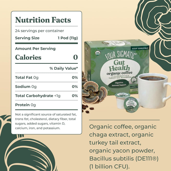 Four Sigmatic Gut Health Organic Coffee Pods | Medium Roast Probiotic K Cups with Chaga and Turkey Tail | Immune Boostin